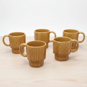 Vintage Japanese Stacking Mugs - MCM Golden Brown Basket Weave Textured Set of 5